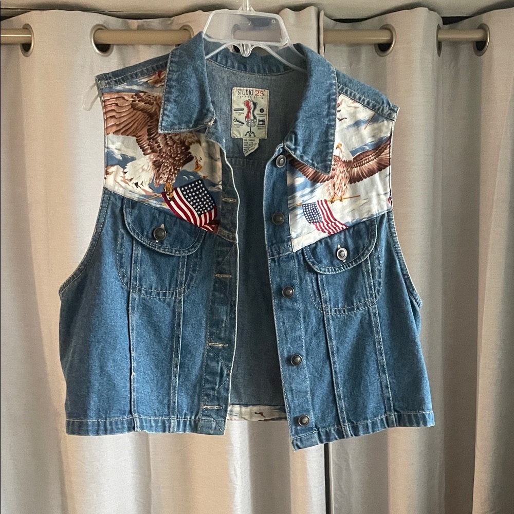 Vintage Cropped Denim Vest with Eagle and Flag Design